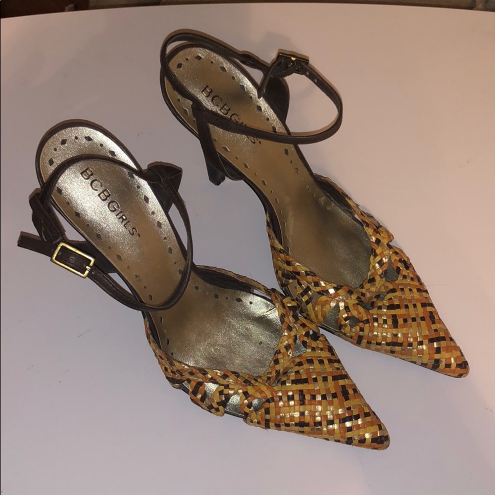 BCBGirls metallic strappy pointed toe heels